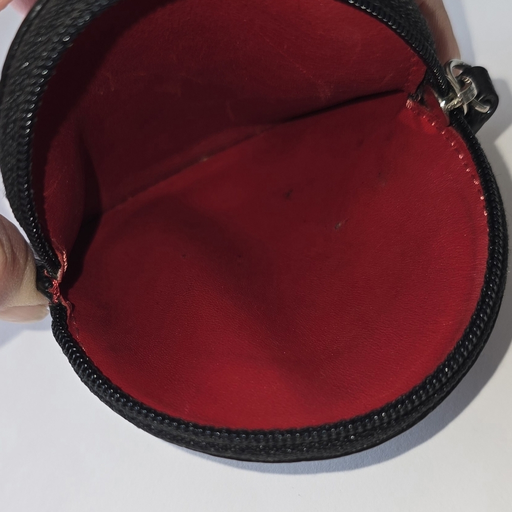 Coach Black Pebbled Leather Round Zip Coin Pouch with Red Stitching - Picture 4 of 7